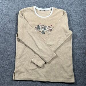 Unknown Fleece Top Womens Size M Tan Embroidered Mountain Scene Long Sleeve Cozy